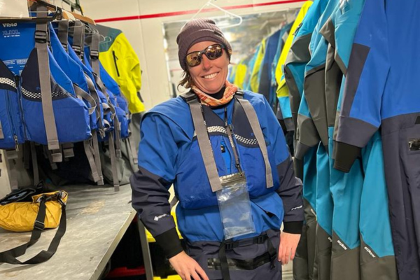 Tara getting kitted up for her Zodiac outing
