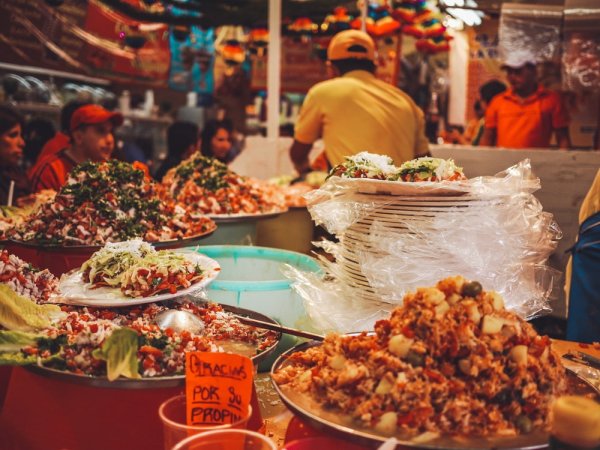 Mexico City market tacos tostadas food stall Mexico city market tacos tostadas food stall