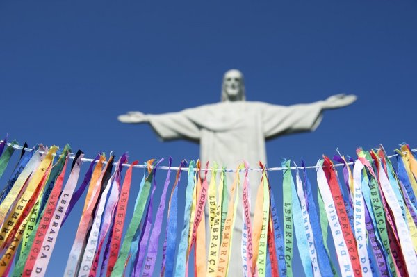 Colorful streamers (known as lembranca) at statue of Corcovado
